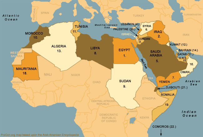 خريطة العالم العربي والاسلامي الحغرافية