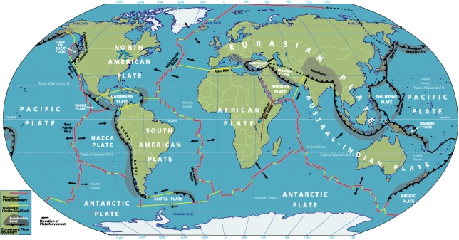 World map of Tectonic plate boundaries